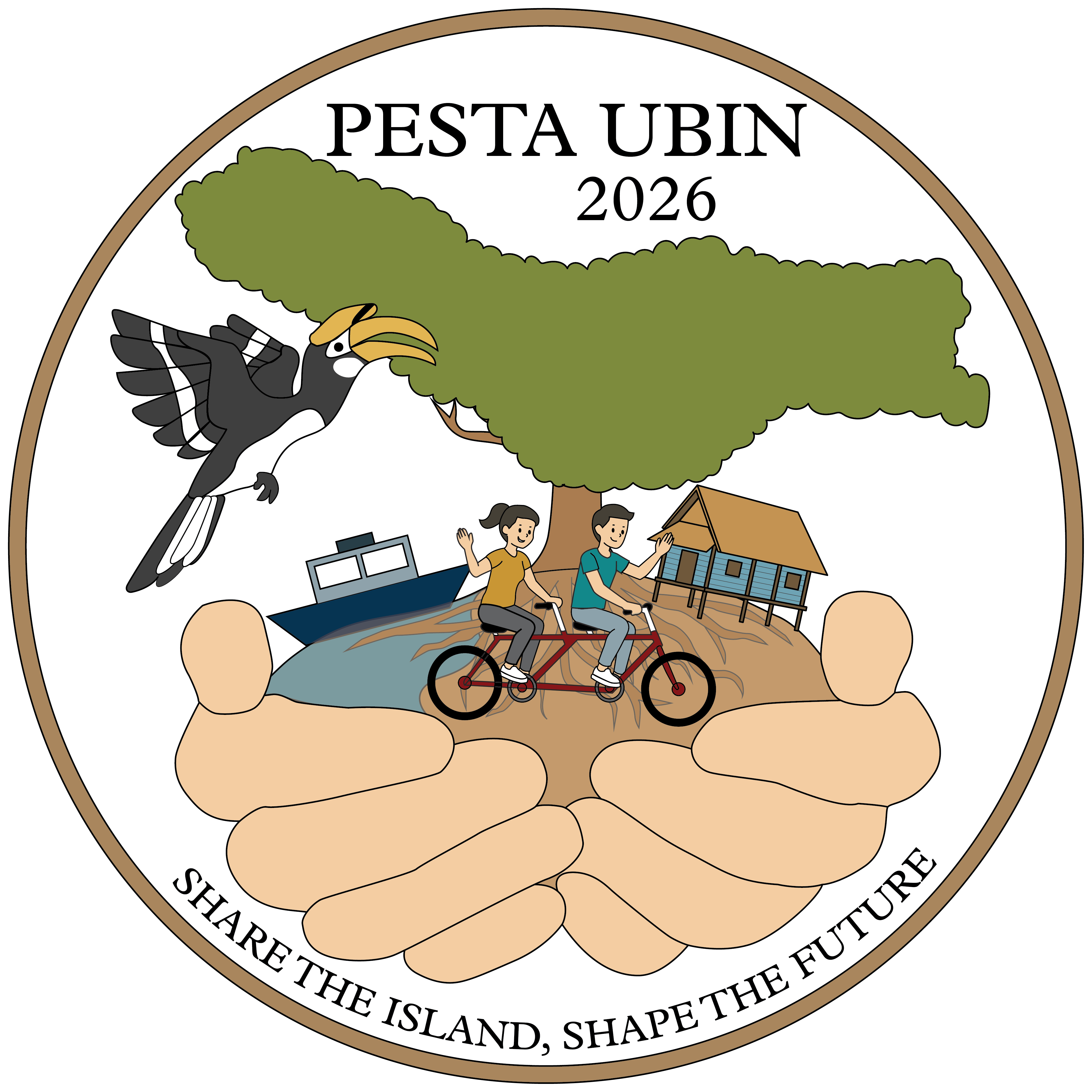 Pesta Ubin 2026 logo. Two cyclists on an island held by hands, with a hornbill
